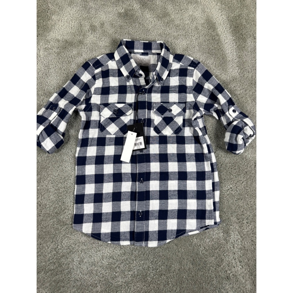 Ocean Coast Boys Navy White Buffalo Plaid Button Down Shirt Size 7 NWT